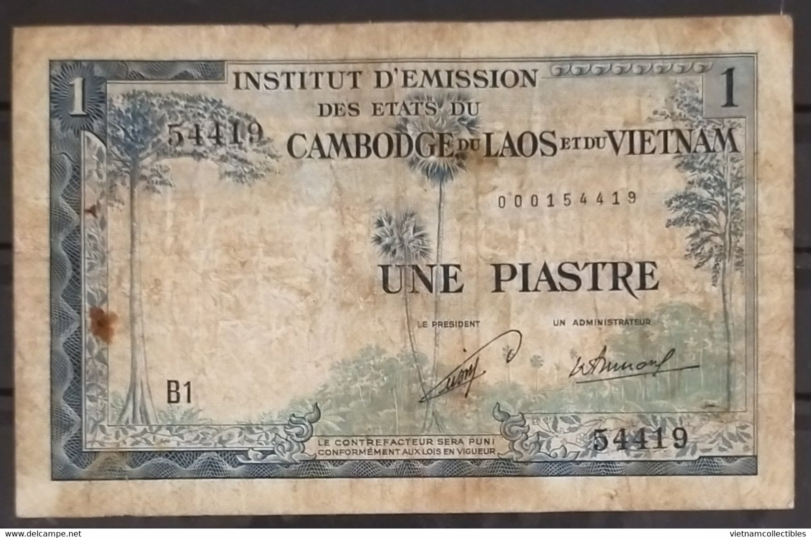 French Indochina Indo China Indochine Laos Vietnam Cambodia 1 Piastre VF Banknote Note 1954 - Pick # 100 / 02 Photos - Indocina