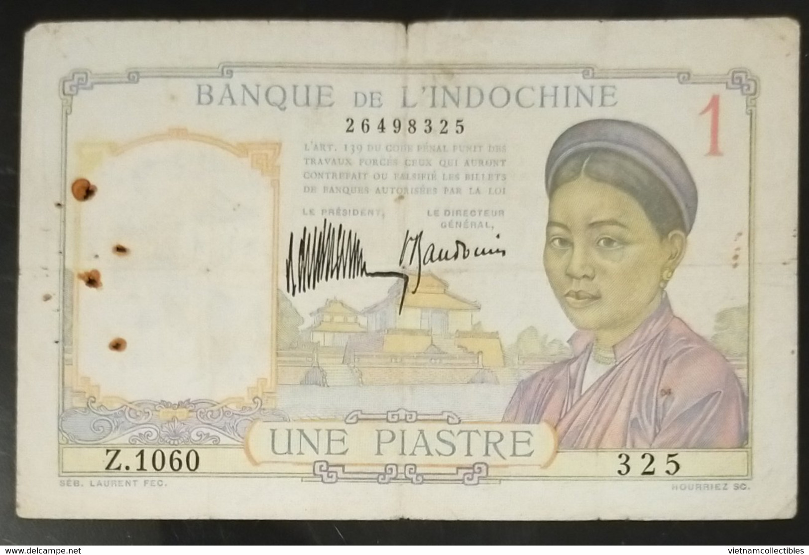French Indochina Indo China Indochine Vietnam Cambodia 1 Piastre VF Banknote Note / Billet - Pick # 54a Laos Text - Indochina