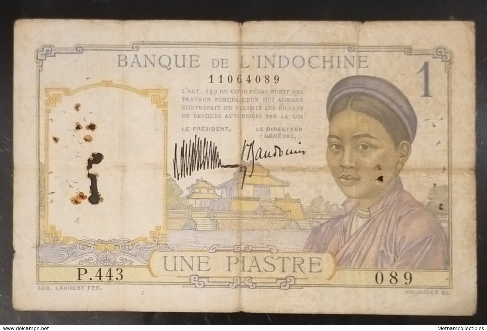 French Indochine Vietnam Viet Nam Laos Cambodia 1 Piastre VG Banknote Note / Billet 1932 - Pick # 52 / 02 Photo - Indochine