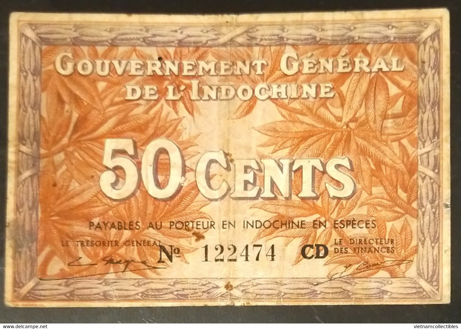 French Indochine Indochina Vietnam Viet Nam Laos Cambodia 50 Cents VF Banknote Note 1939 - Pick # 87e / 2 Photos - Indocina
