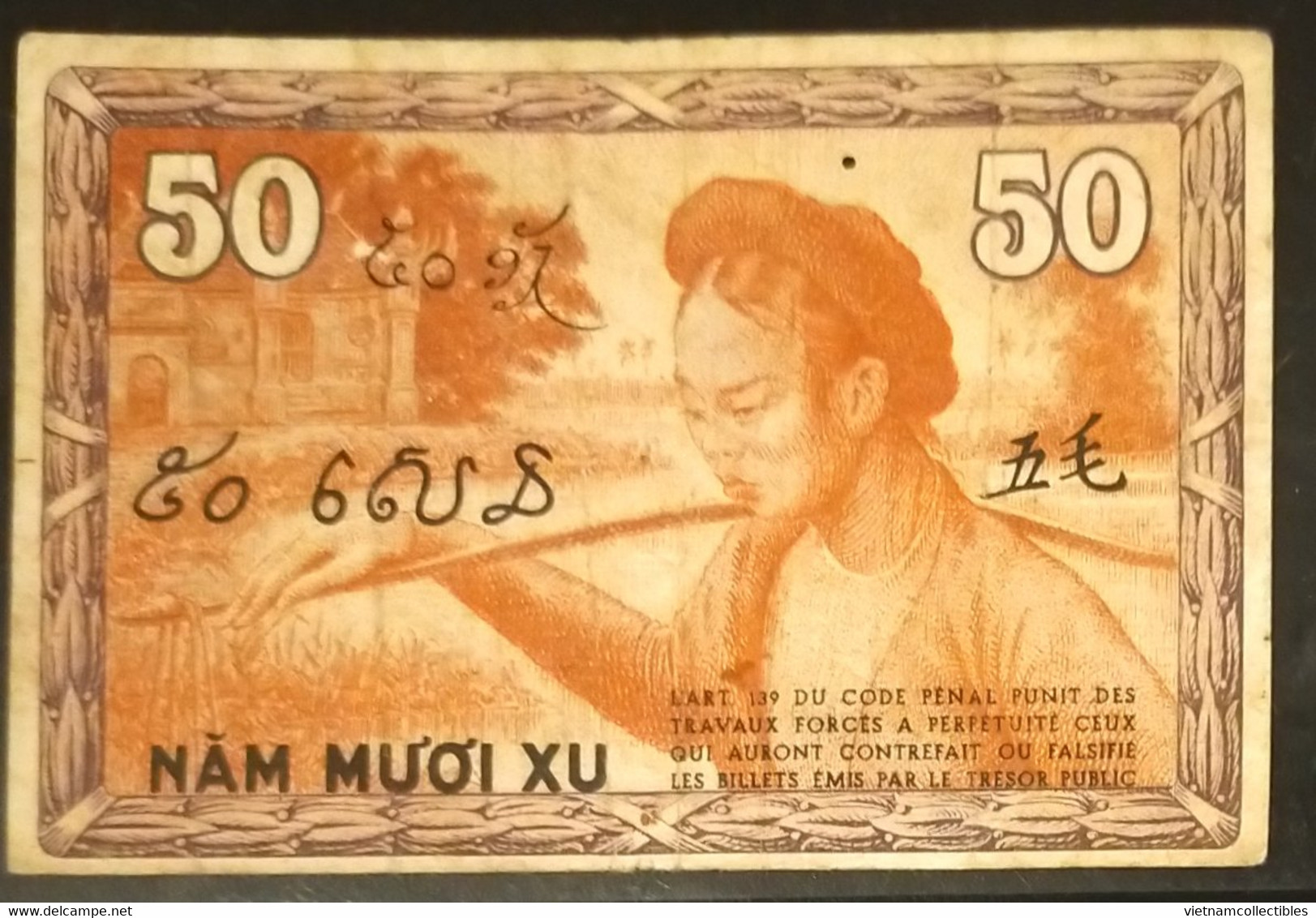 French Indochine Indochina Vietnam Viet Nam Laos Cambodia 50 Cents VF Banknote Note 1939 - Pick # 87e / 2 Photos - Indochina