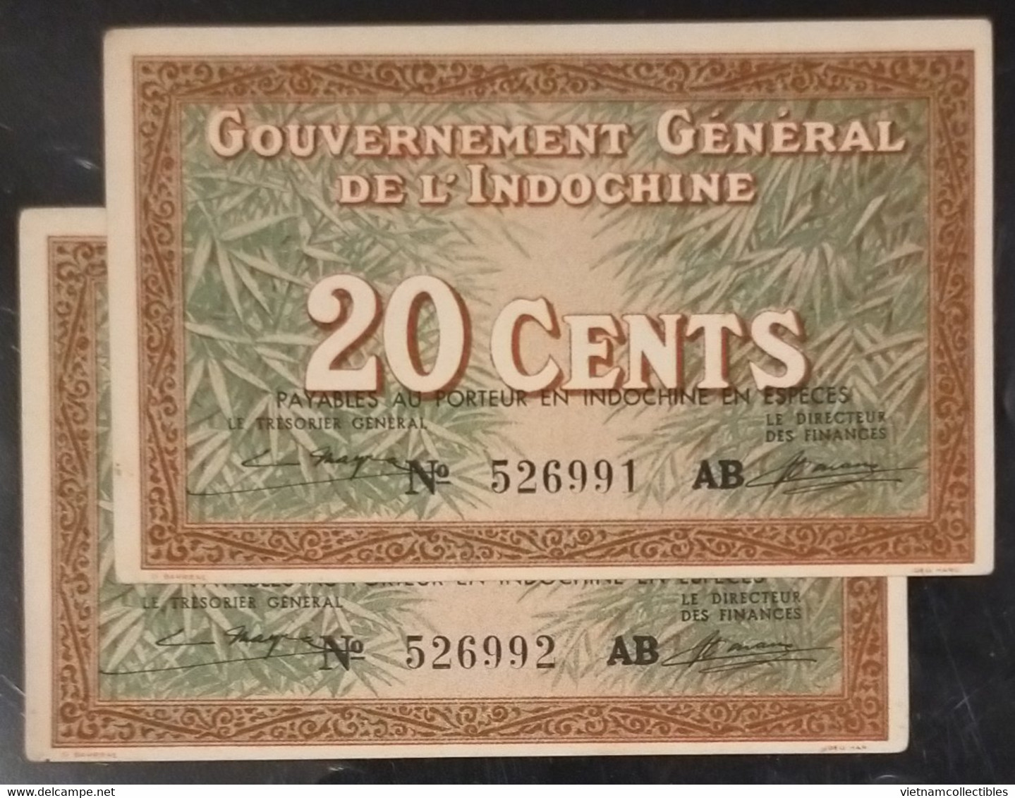 02 Indochine Indochina Vietnam Viet Nam Laos Cambodia 20 Cents AU Consecutive Banknote Notes 1939 - Pick # 86c / 2 Photo - Indochine