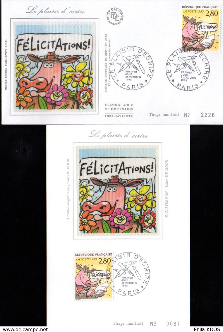 " BD : FELICITATIONS DE DE MOOR " Sur Carte Maximum Et Envel. 1er Jour Sur Soie De 1993. N°YT 2842 Parf. état CM FDC - Stripsverhalen