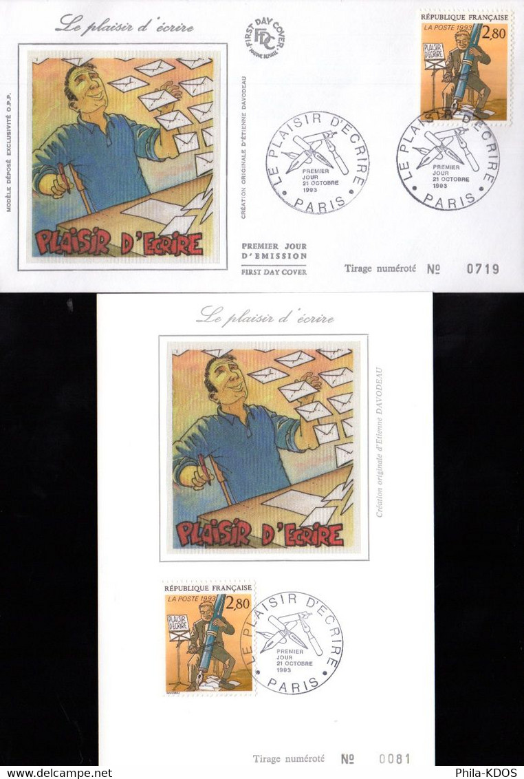 " BD : PLAISIR D'ECRIRE DE DAVODEAU " Sur Carte Maximum Et Envel. 1er Jour Sur Soie De 1993. N°YT 2841 Parf. état CM FDC - Stripsverhalen