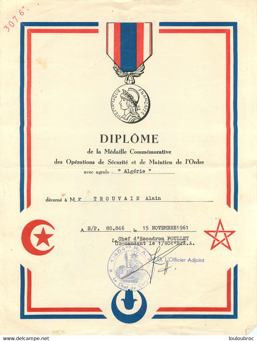 DIPLOME DE LA MEDAILLE COMMEMORATIVE DES OPERATIONS DE SECURITE ET MAINTIEN DE L'ORDRE ALGERIE 11/1961 - Documents