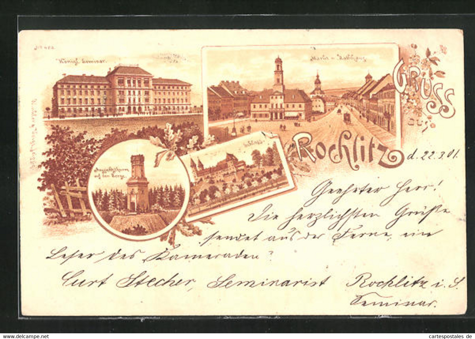 Lithographie Rochlitz, Markt Mit Rathaus Und Kirche, Aussichtsturm Auf Dem Berge, Schloss - Rochlitz