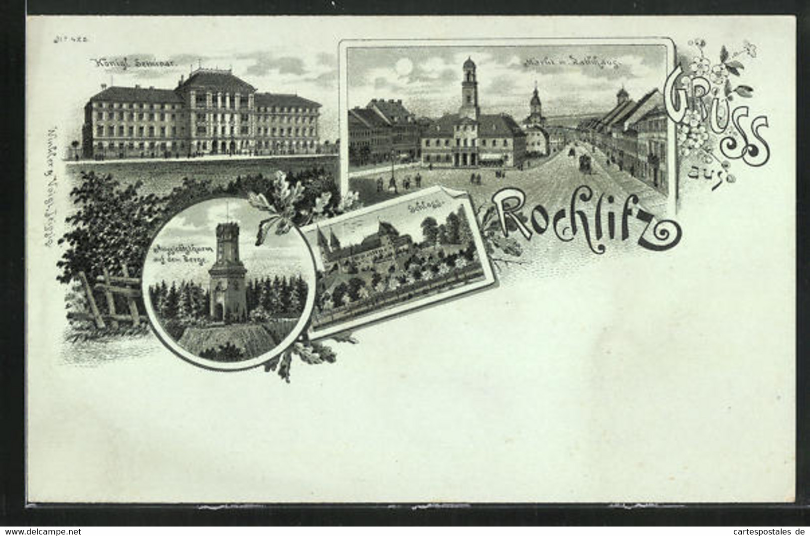 Mondschein-Lithographie Rochlitz, Schloss, Königliches Seminar, Markt Mit Rathaus - Rochlitz