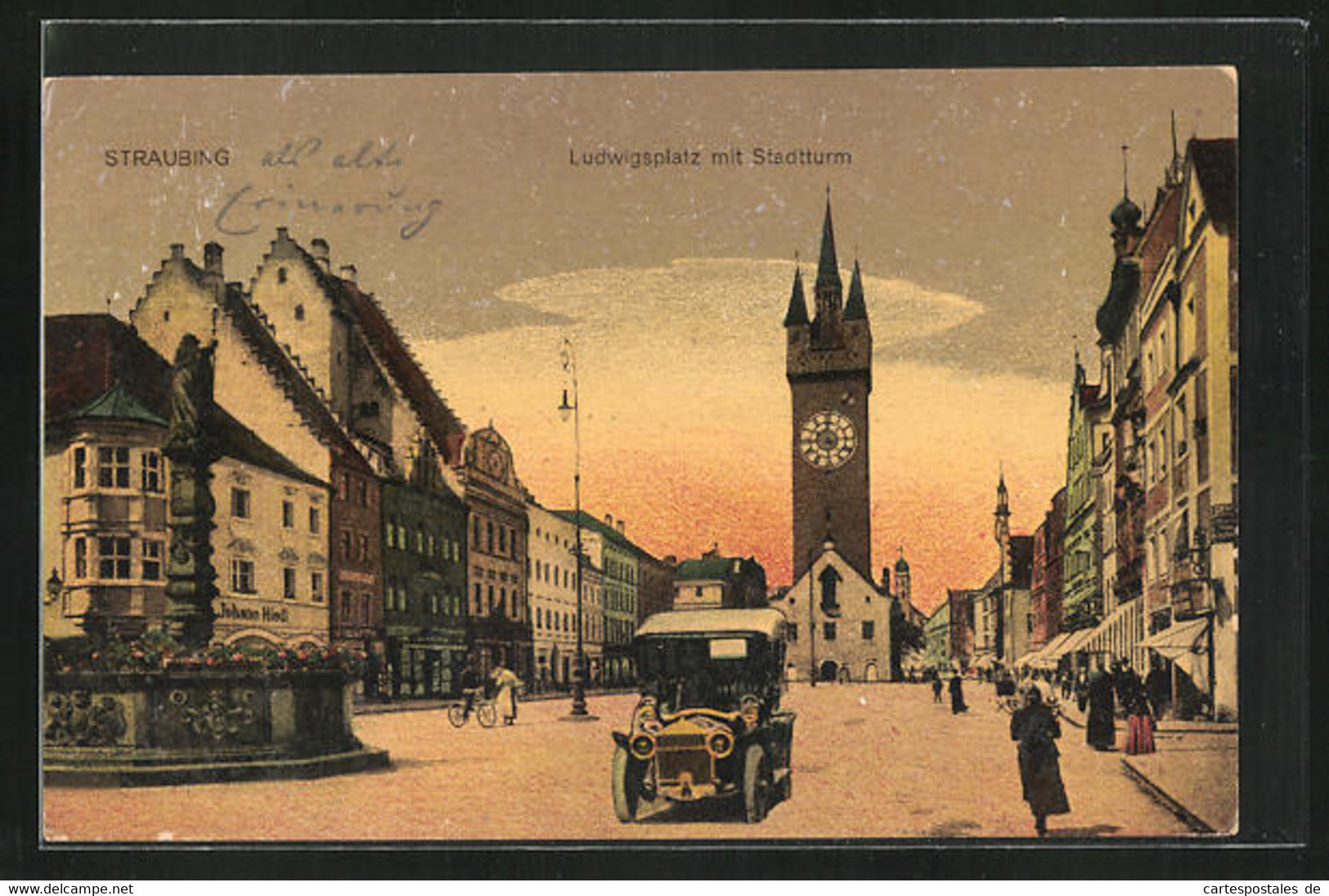 AK Straubing, Ludwigsplatz Mit Stadtturm In Der Abenddämmerung - Straubing