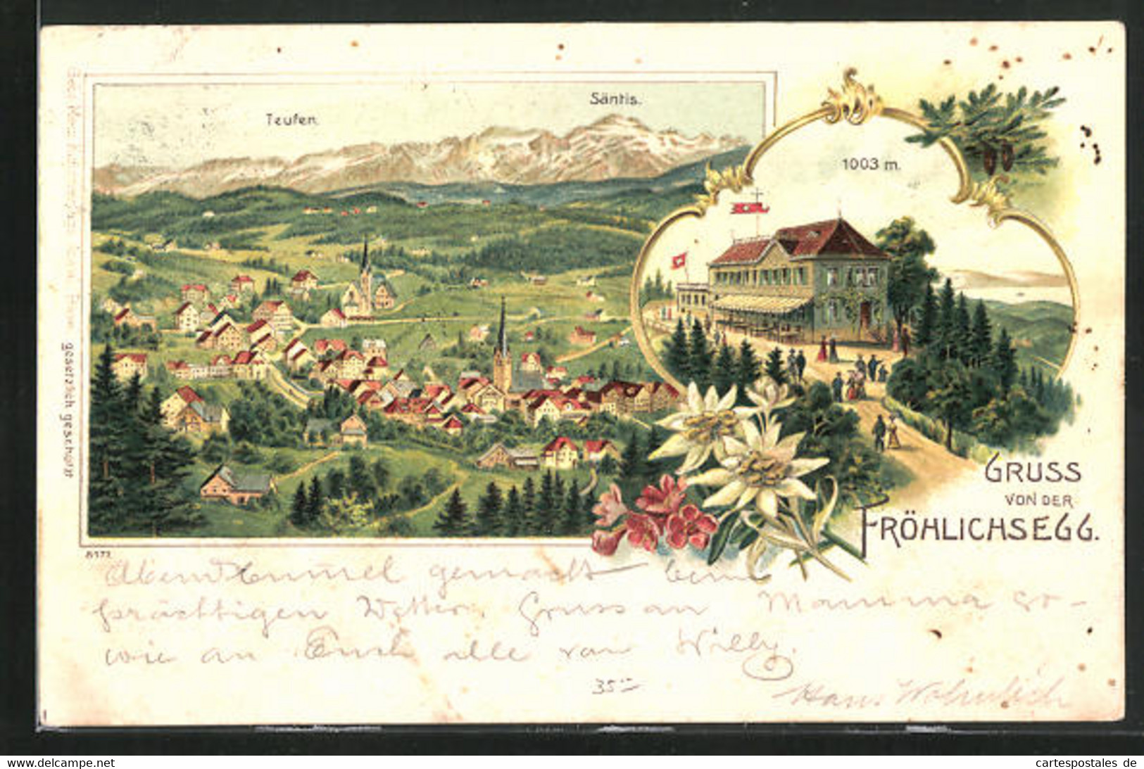 Lithographie Teufen, Gasthaus Auf Der Fröhlichsegg, Panorama Mit Säntis - Teufen