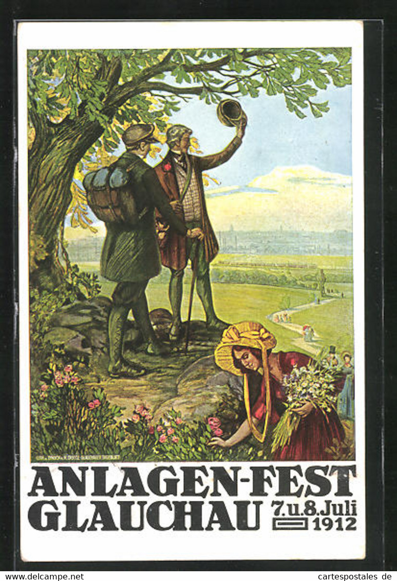 Künstler-AK Glauchau, Anlagen-Fest 1912, Zwei Wanderer Mit Frau Und Panorama - Glauchau