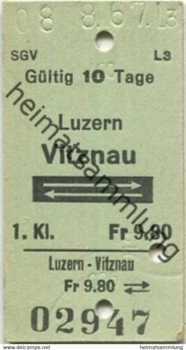 Schweiz - SGV Luzern Vitznau Und Zurück - Fahrkarte 1. Klasse 1971 - Europe
