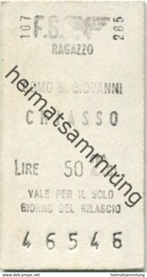 Italien - F.S. Como S. Giovanni Chiasso - Ragazzo Biglietto 1966 - Kinder Fahrkarte 1966 2. Cl. - Europe