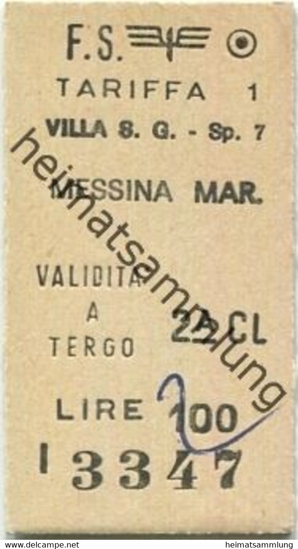 Italien - F.S. Villa S. Giovanni Messina Mar. - Biglietto Fahrkarte 1977 2. Cl. - Europa
