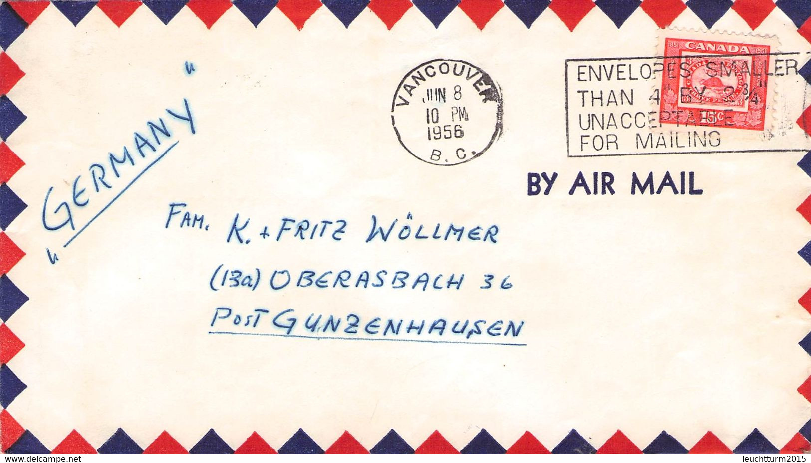 CANADA - AIRMAIL 1956 VANCOUVER > OBERASBACH/DE /QF 295 - Briefe U. Dokumente