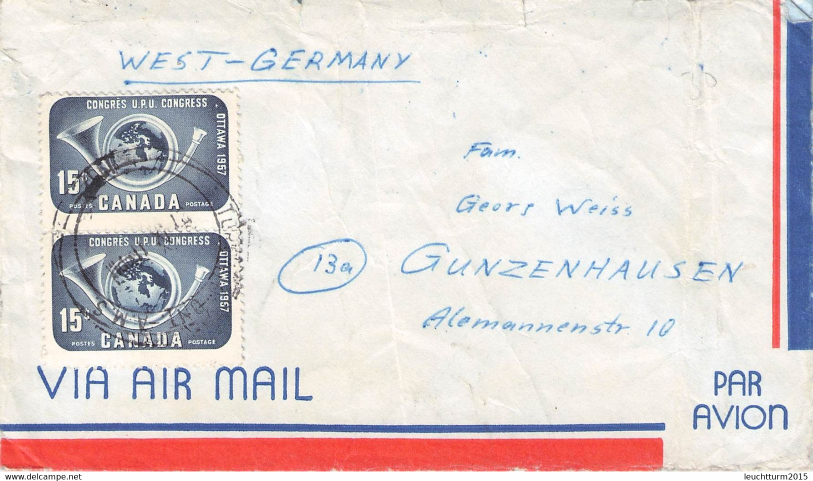 CANADA - AIRMAIL 1957 > GUNZENHAUSEN/DE /QF 296 - Lettres & Documents