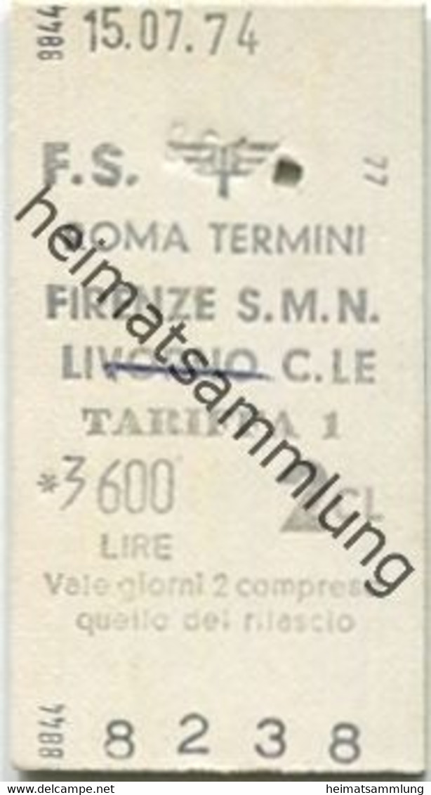 Italien - F.S. Roma Termini Firenze S.M.N. - Biglietto Fahrkarte 1974 2. Cl. - Europe