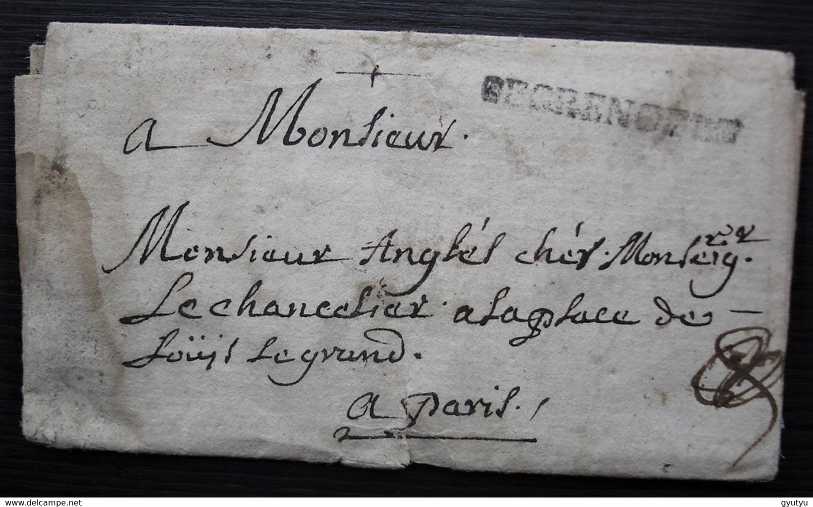De Grenoble 1724, Marque 39 X 4 Sur Lettre Pour Paris, Reste De Sceau à L'arrière - 1701-1800: Précurseurs XVIII