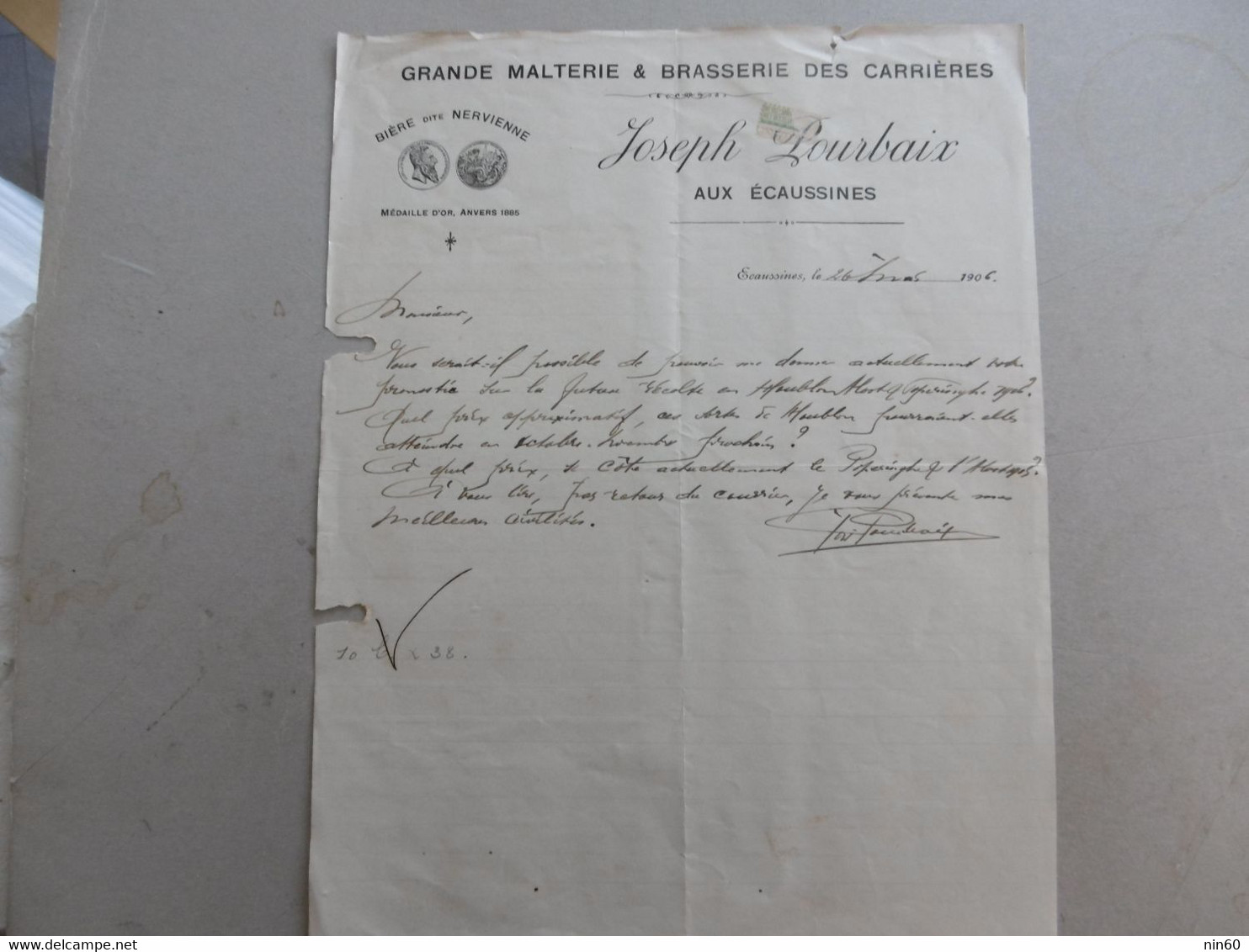 Brasserie Brouwerij Des Carrières JOSEPH POURBAIX Ecaussines 26/5/1906 Signé Brasseur; Dernier Exemplaire Collection - 1900 – 1949