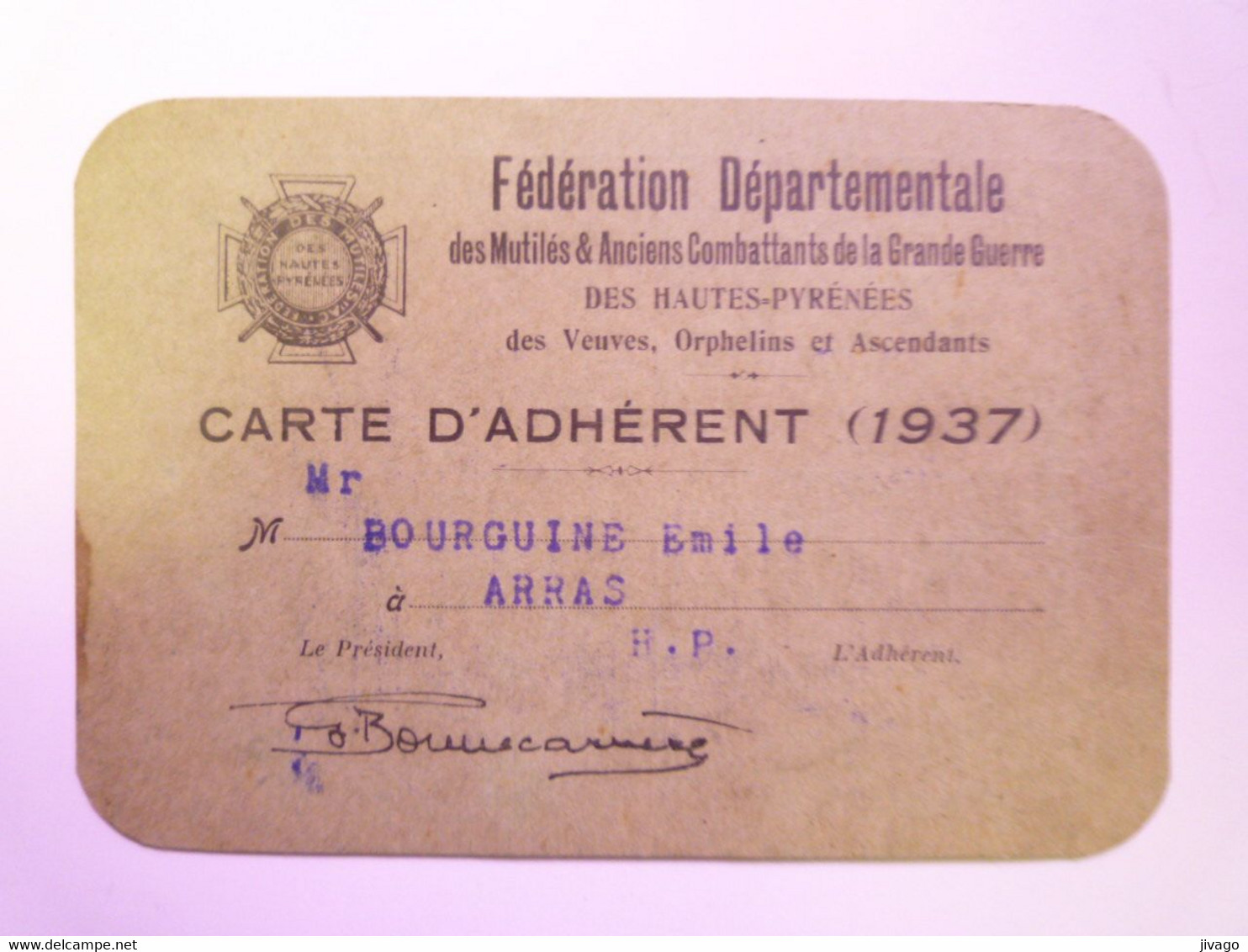 2021 - 2033  Fédération Départementale Des Mutilés Et Combattants De La Grande Guerre :  CARTE D'ADHERENT 1937  H-P  XXX - Non Classés