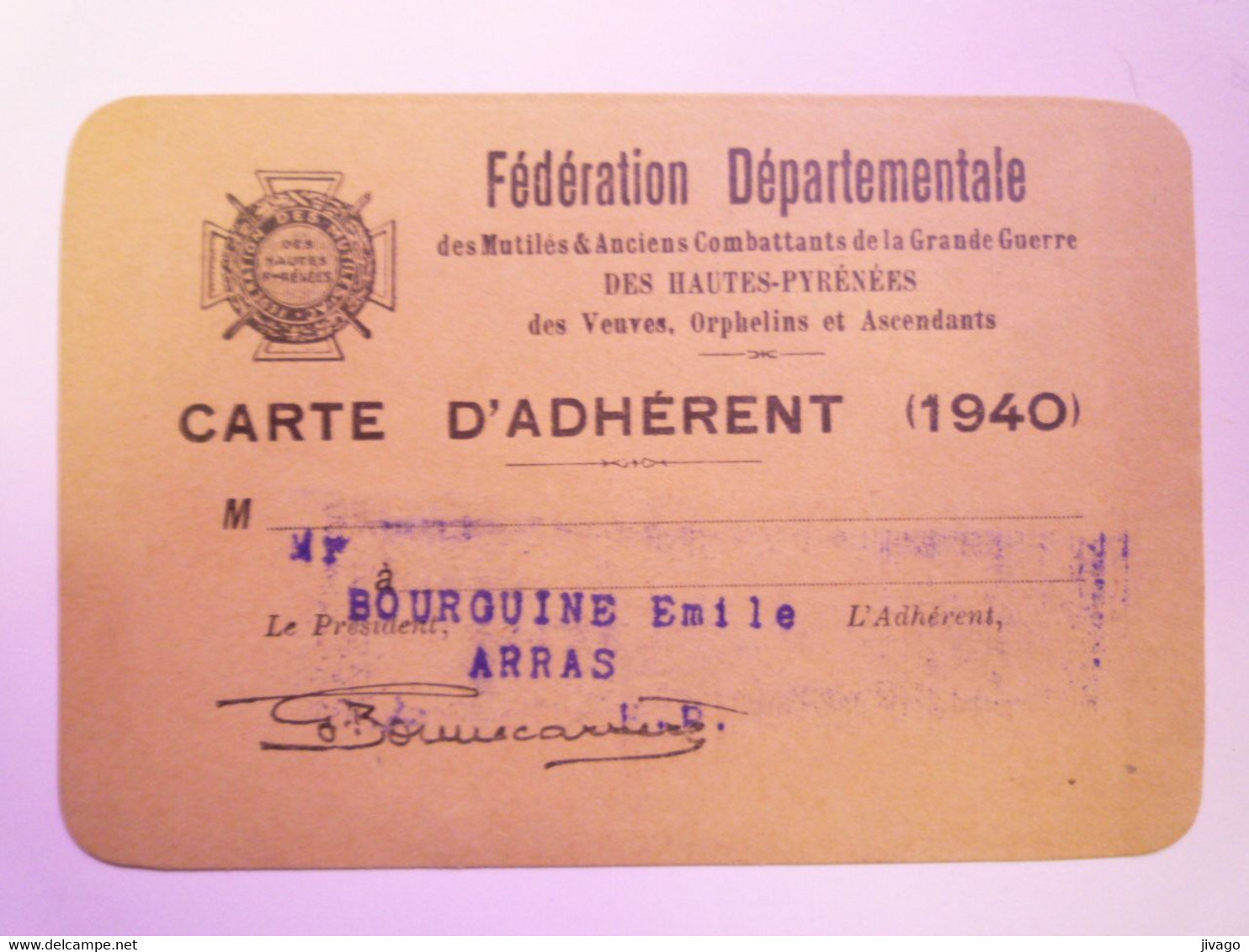 2021 - 2034  Fédération Départementale Des Mutilés Et Combattants De La Grande Guerre :  CARTE D'ADHERENT 1940  H-P  XXX - Non Classés