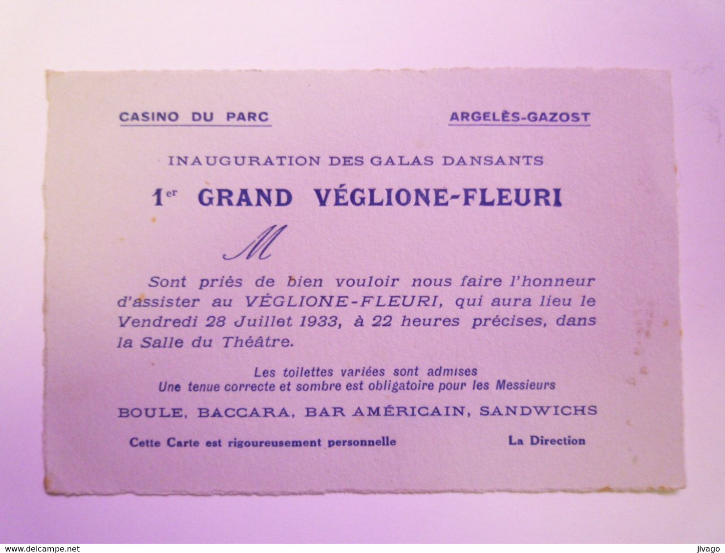 2021 - 2035  ARGELES-GAZOST  :  INVITATION Au 1er GRAND VEGLIONE-FLEURI  1933   XXX - Non Classés