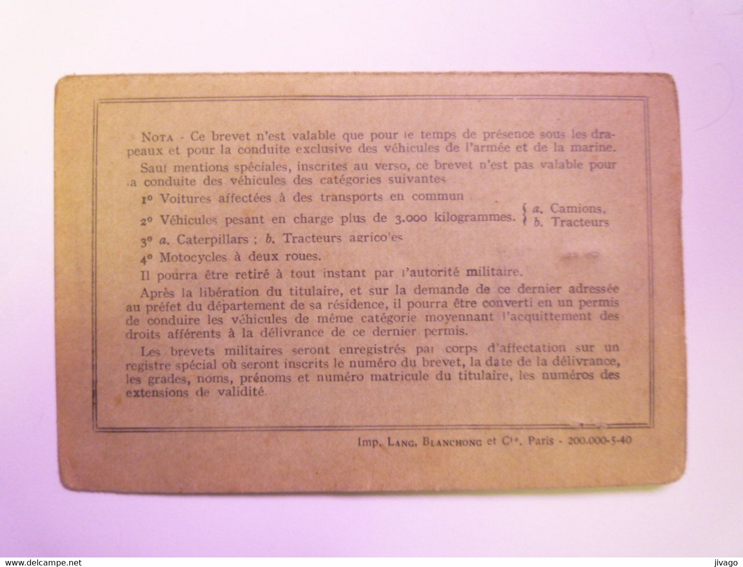 2021 - 2042  TARBES 14 Janvier 1941  :  BREVET MILITAIRE Valable Pour La Conduite Des Véhicules Automobiles De L'armée - Non Classés