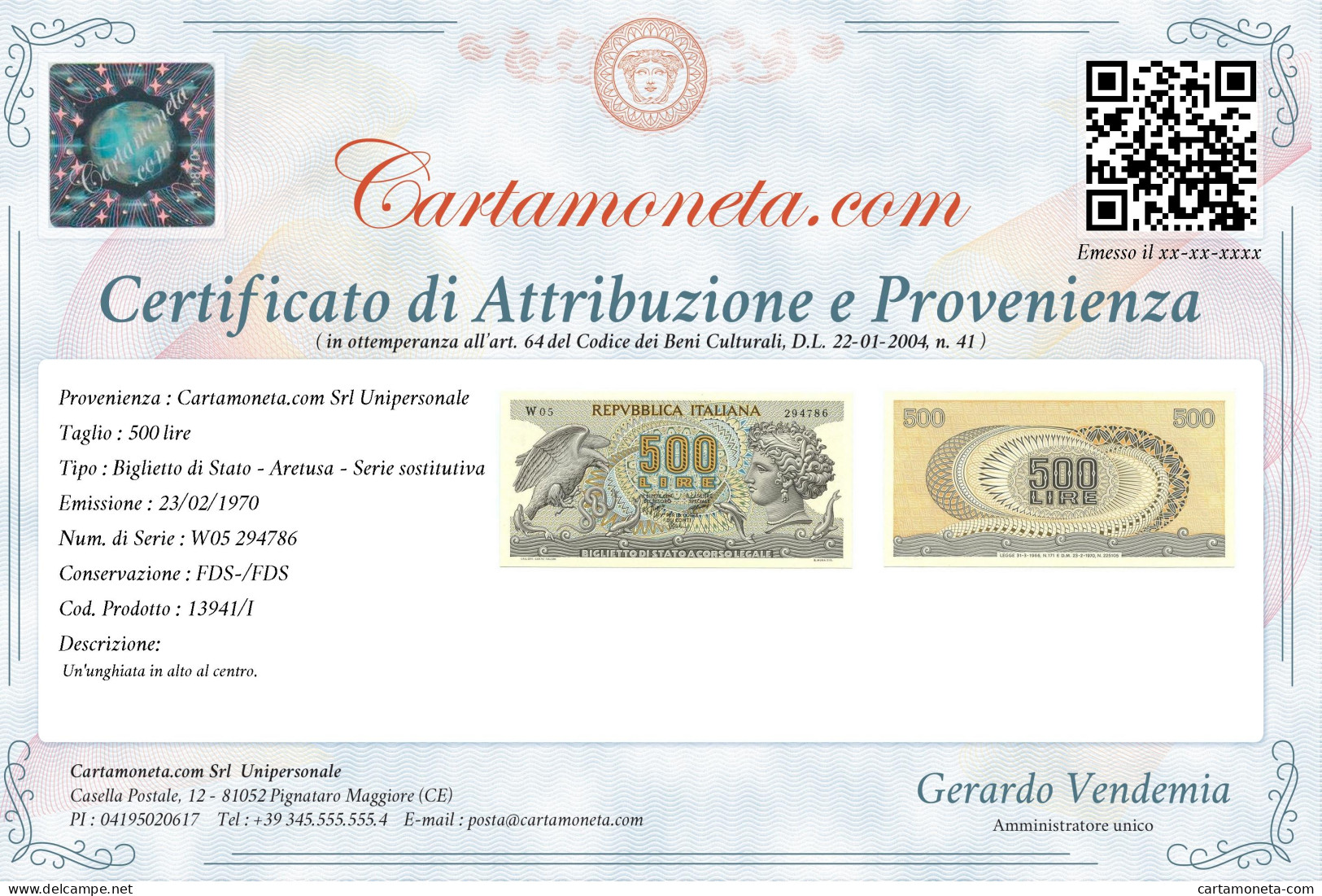 500 LIRE BIGLIETTO DI STATO ARETUSA SERIE SOSTITUTIVA W05 23/02/1970 FDS-/FDS - Other & Unclassified