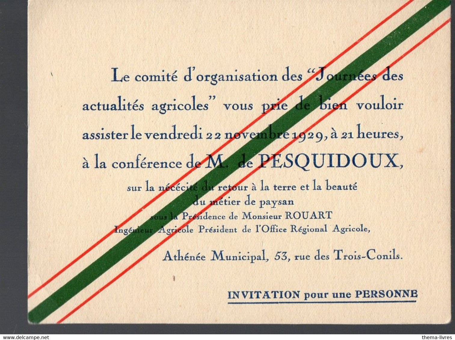 Bordeaux (33 Gironde)  Conférence  JOSEPH DE PESQUIDOUX   à L'Athénée Municipal 1929  (PPP29235) - Europa