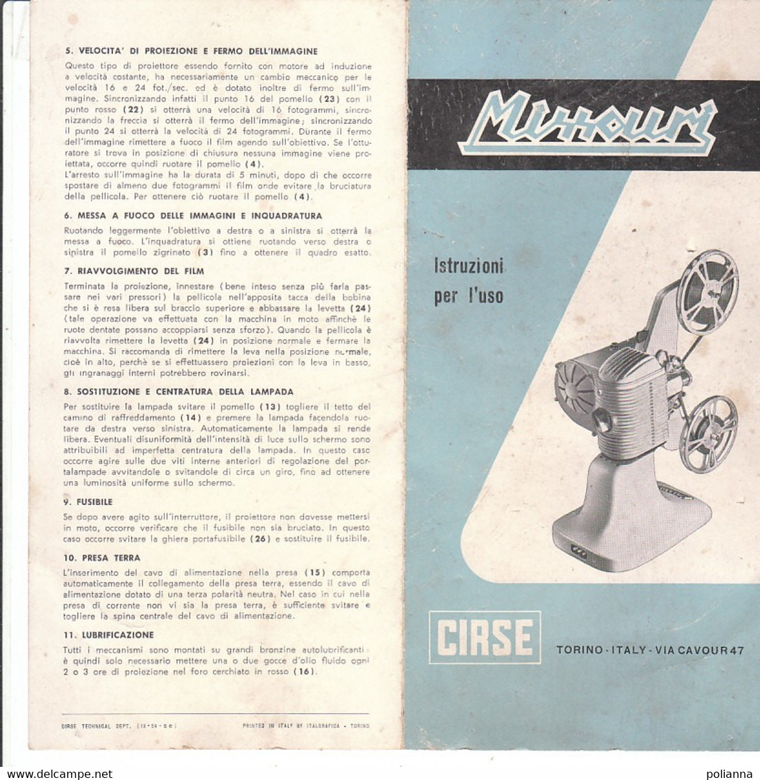 B2104 - Brochure ISTRUZIONI PROIETTORE MISSOURI 8MM Ed.CIRSE Anni '50 - Proiettori Cinematografiche