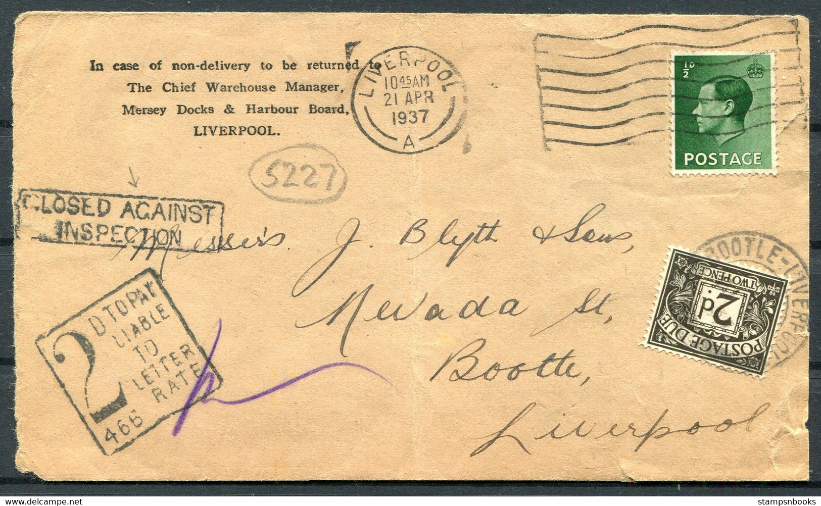 1937 Liverpool Mersey Docks Cover (Front ONLY) - Bootle "Closed Against Inspection" Postage Due, Taxe 466 Instructional - Storia Postale