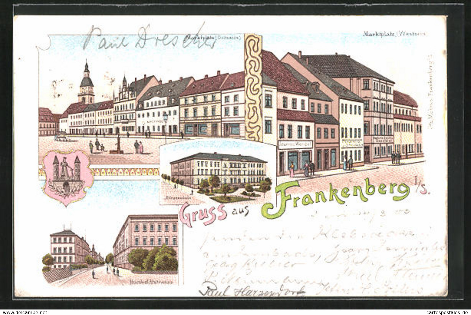 Lithographie Frankenberg I. S., Humboldtstrasse, Marktplatz, Bürgerschule - Frankenberg