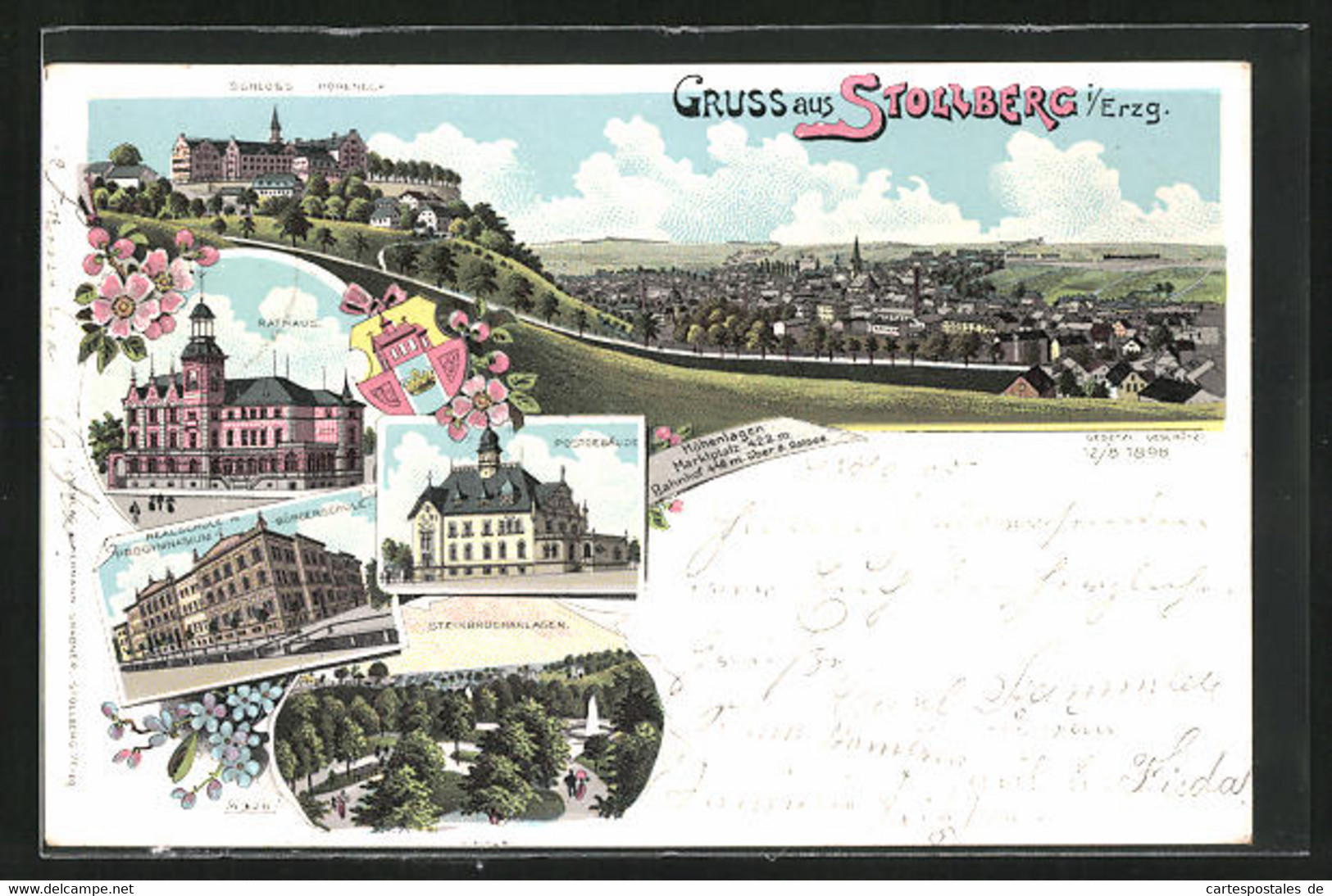 Lithographie Stollberg I. Erzg., Postgebäude, Rathaus, Relaschule, Steinbruchanlage - Stollberg (Erzgeb.)