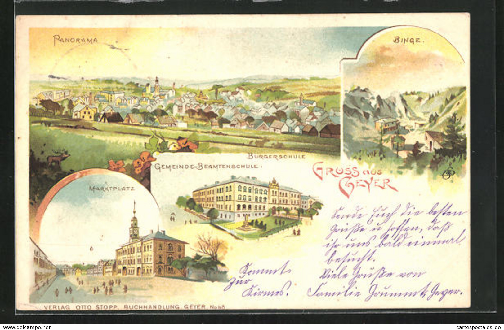 Lithographie Geyer, Gemeinde-Beamtenschule, Marktplatz, Panorama - Geyer