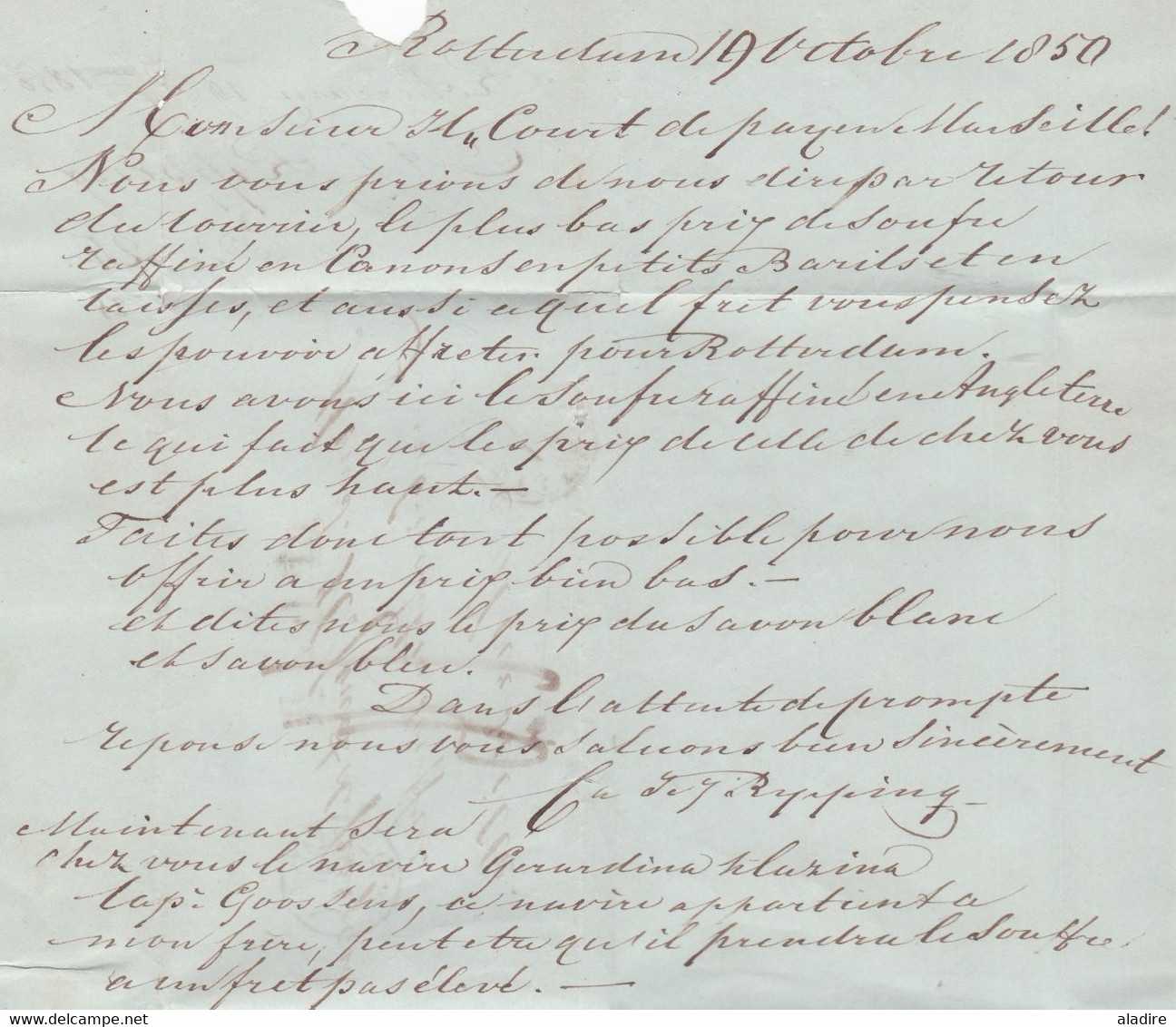 1850 - Folded letter in French from Rotterdam to Marseille, France - entry at Valenciennes - tax 18 - white & blue soaps