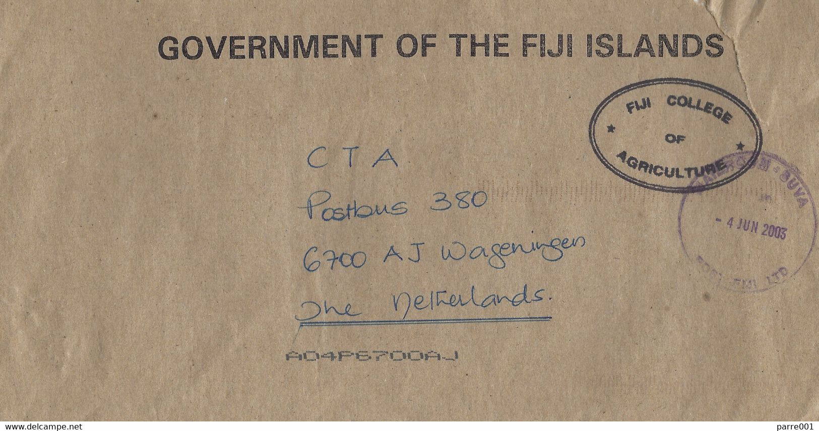 Fiji 2003 Suva Unfranked Official University Postage Paid Cover - Fidji (1970-...)