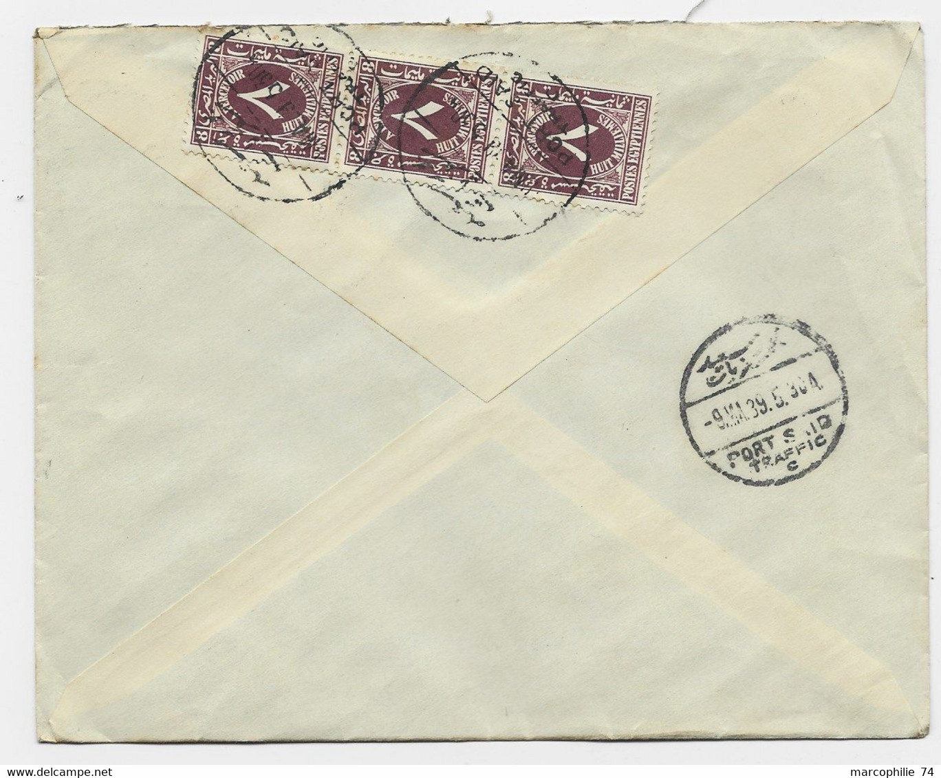 PAIX 90C VERT SEUL LETTRE BIARRITZ 2.V.1939 POUR PORT SAID EGYPTE TAXE 8 BANDE DE 3 PORT SAID AU RECTO - 1932-39 Peace