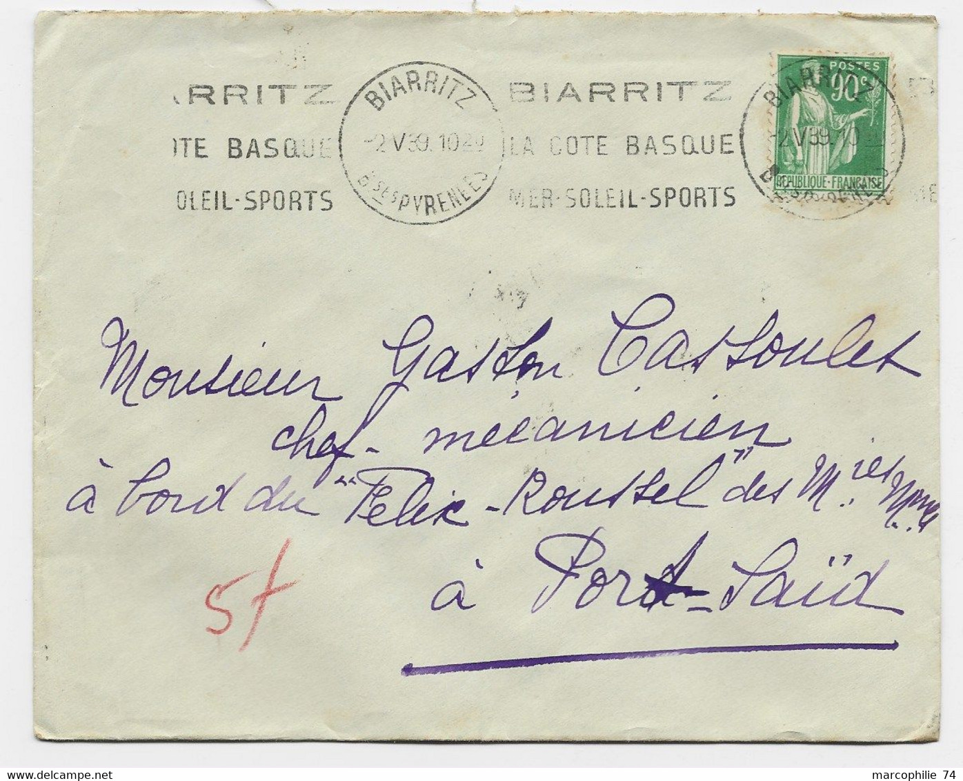 PAIX 90C VERT SEUL LETTRE BIARRITZ 2.V.1939 POUR PORT SAID EGYPTE TAXE 8 BANDE DE 3 PORT SAID AU RECTO - 1932-39 Peace