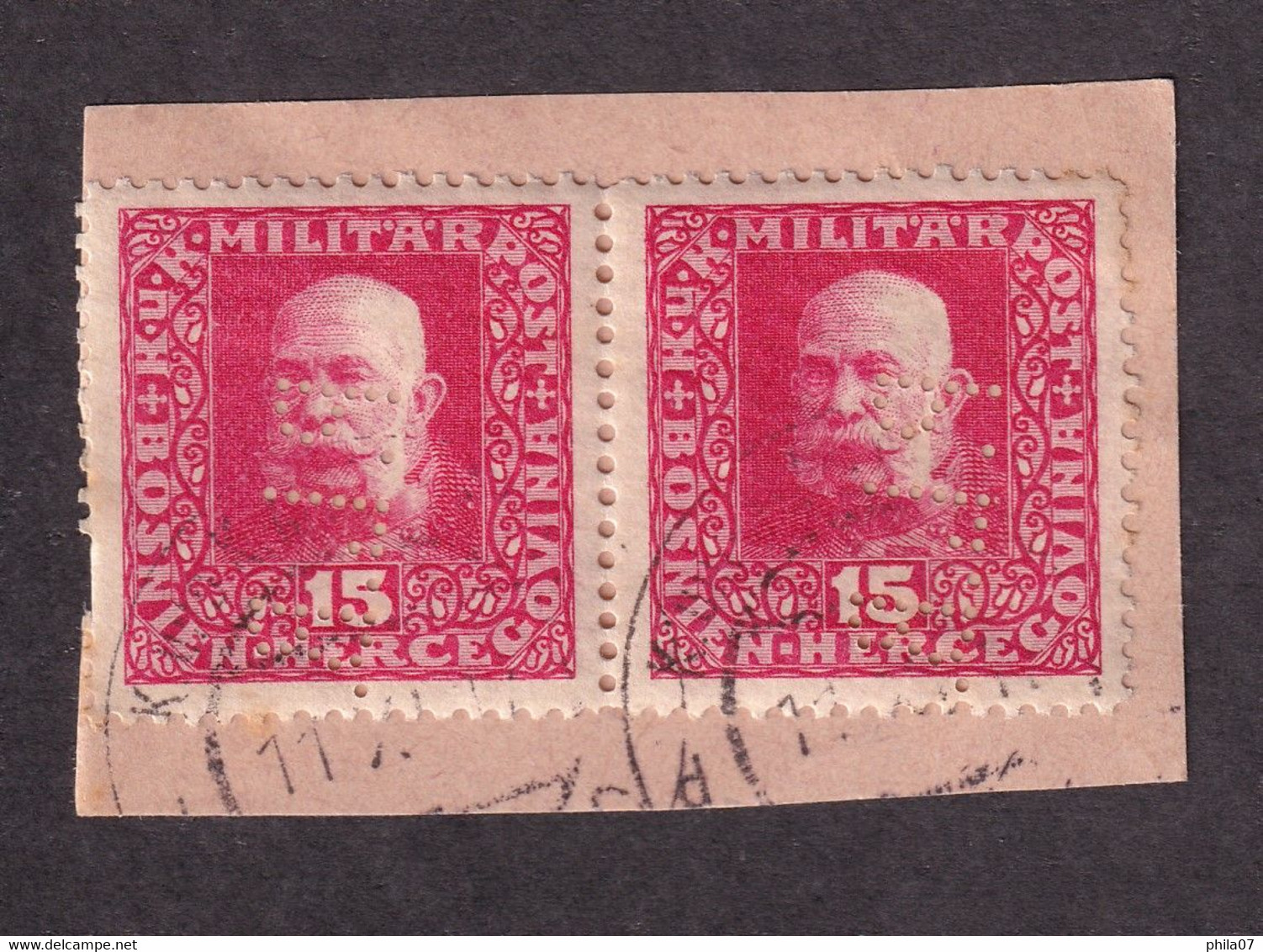 Bosnia And Herzegovina - Fragment With Stamps 15 Hellera In Pair With Perforation P.L.B. (Privilegirte Landes Bank) - Bosnia And Herzegovina