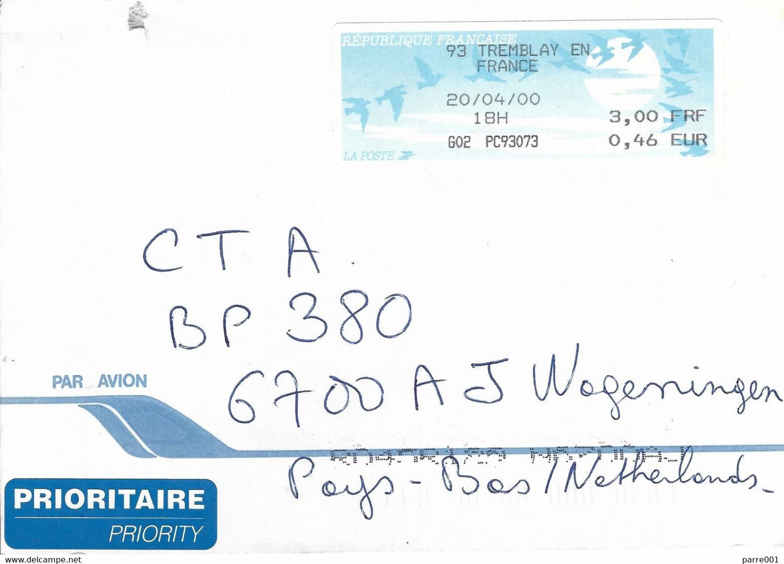 France 2000 Tremblay En France « Oiseaux De Jubert » ATM EMA Cover - 1990 Type « Oiseaux De Jubert »