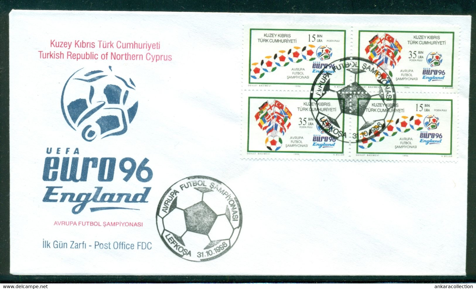 AC - NORTHERN CYPRUS FDC -  THE EUROPEAN FOOTBALL CHAMPIONSHIP LEFKOSA, 31 OCTOBER 1996 - Lettres & Documents