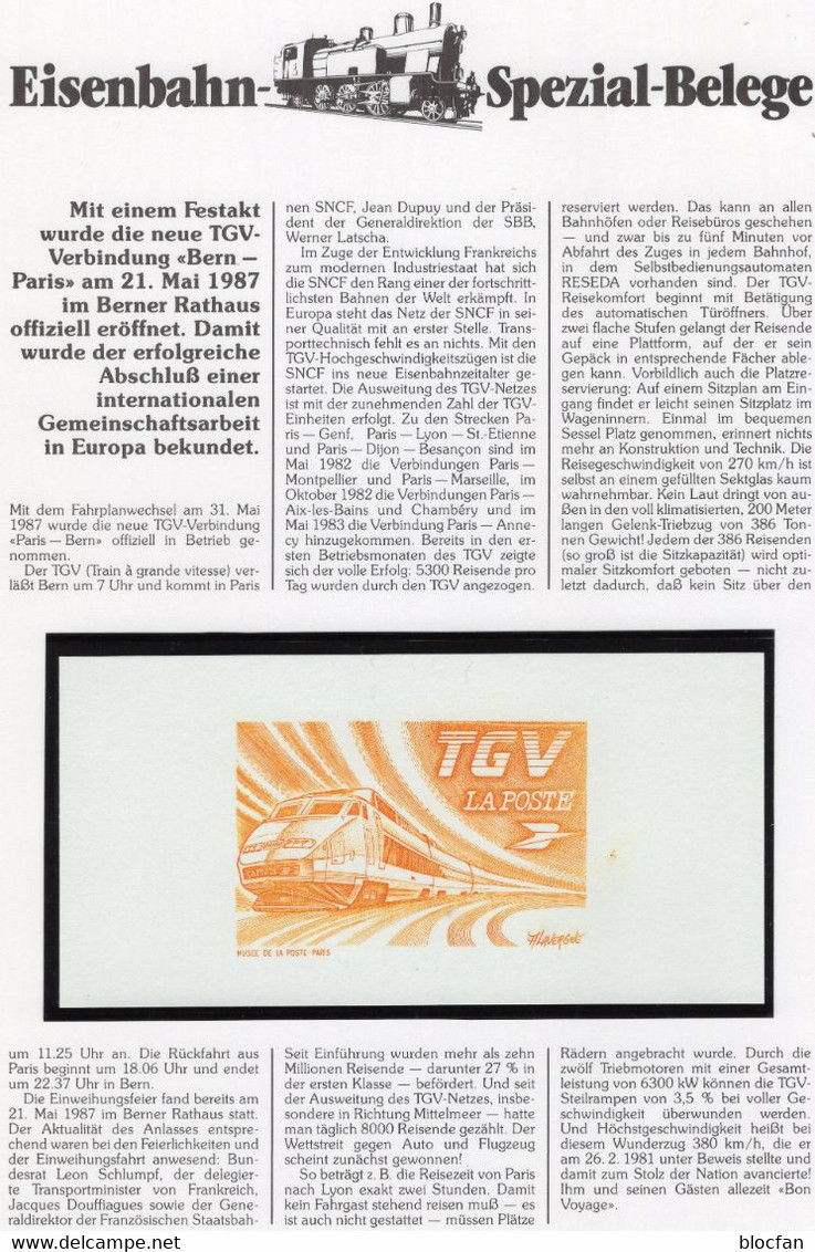 Bern-Paris 1987 RF Sonderblock I/87 ** 10€ 1.Hochgeschwindigkeitsfahrt TGV Eisenbahn-Spezial-Beleg Train Sheet Of FRANCE - Brieven En Documenten