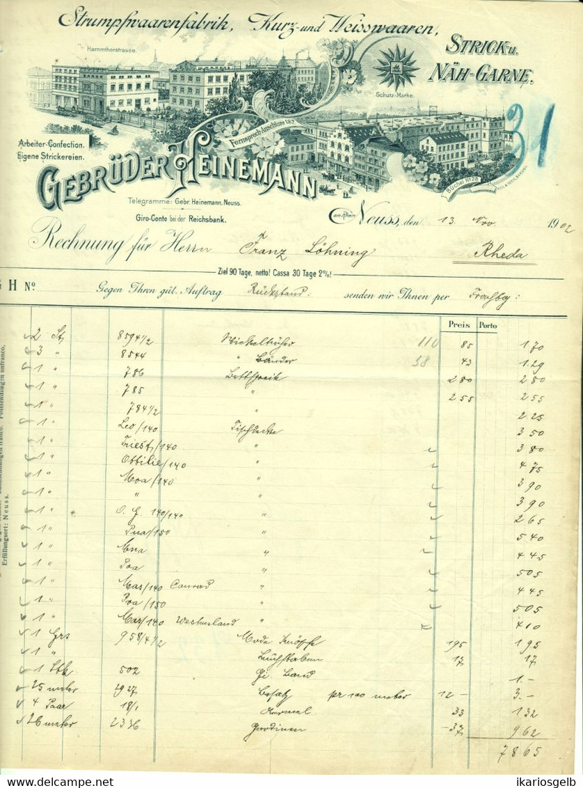 Neuss Neuß 1902 A4 Deko Rechnung " Gebr. Heinemann Strumpfwaarenfabrik Kurz- U. Weißwaaren " Dokument - Textile & Vestimentaire