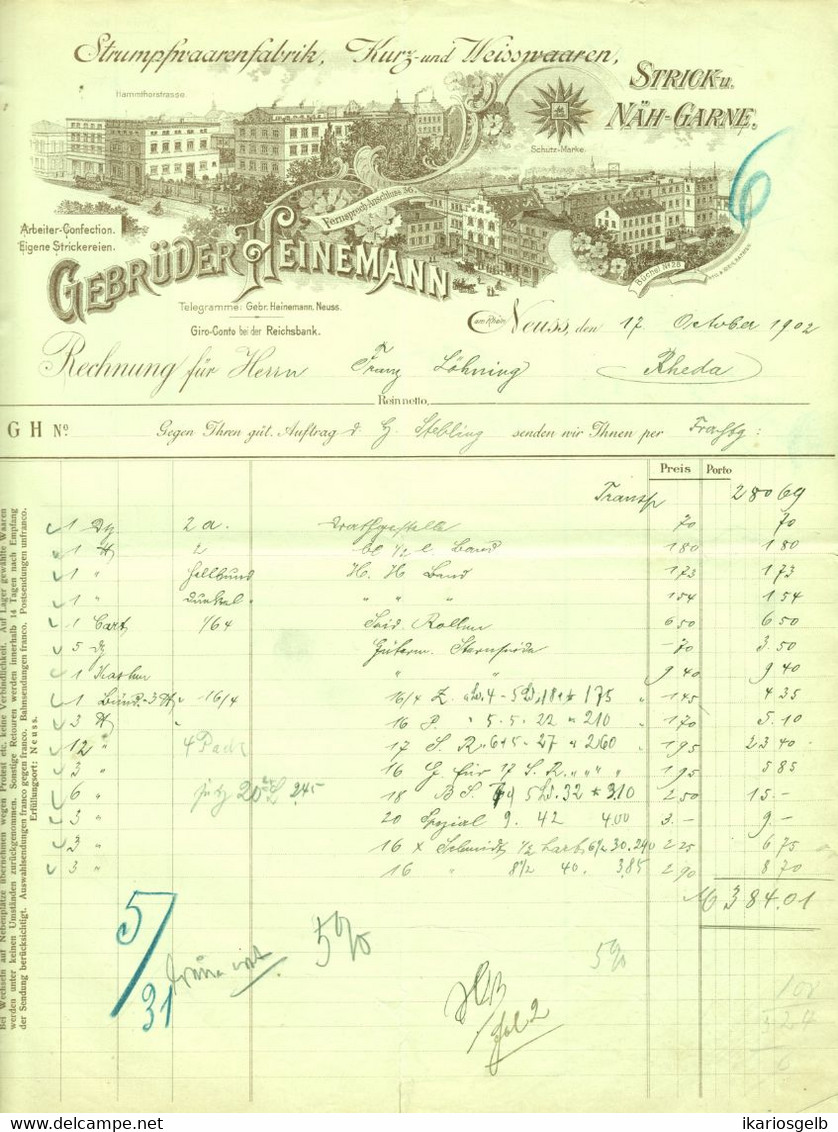 Neuss Neuß 1902 A4 Deko Rechnung " Gebr. Heinemann Strumpfwaarenfabrik Kurz- U. Weißwaaren " Dokument - Vestiario & Tessile