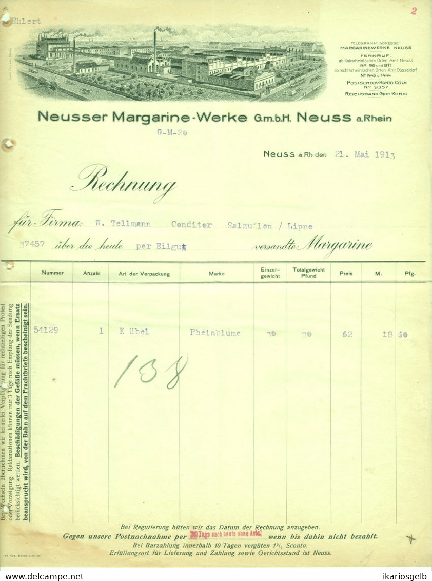 Neuss Neuß 1913 A4 Deko Rechnung " Neußer Margarinewerke " Dokument - Alimentaire