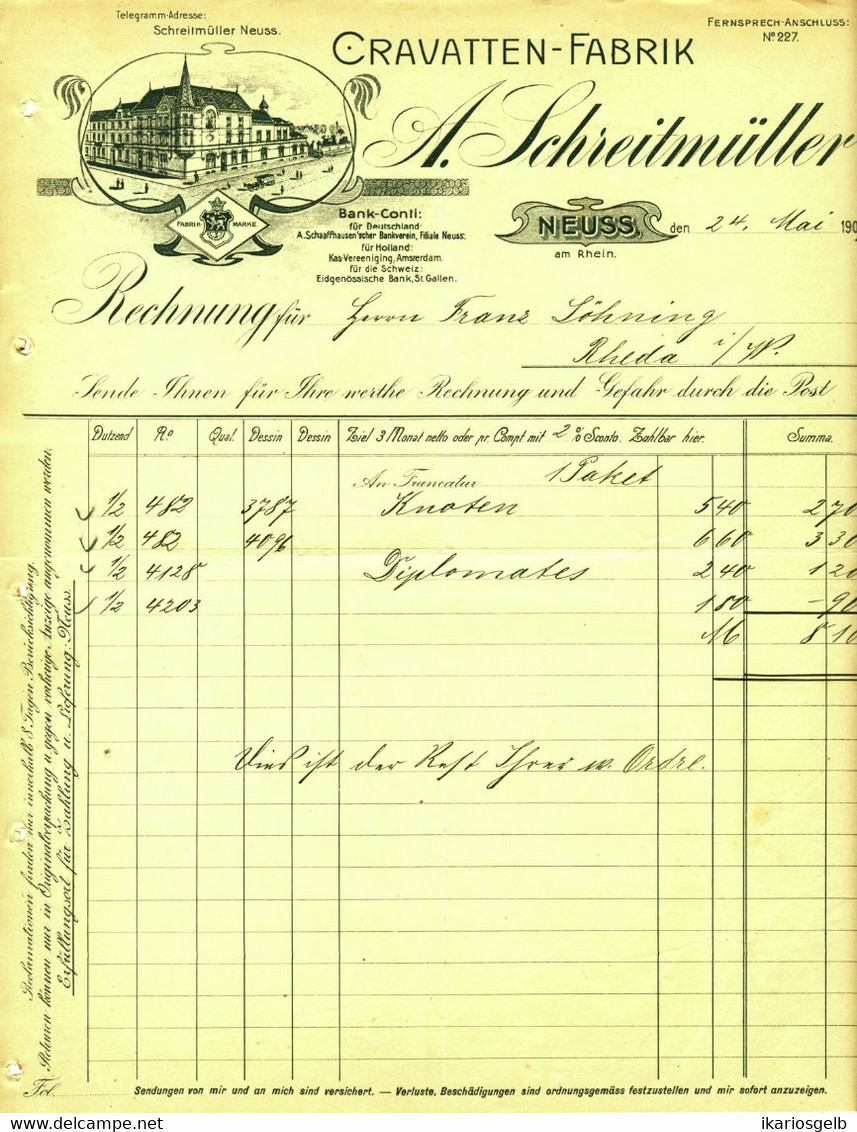 Neuss Neuß 1907 A4 Deko Jugendstil Rechnung " Cravattenfabrik A Schreitmüller Krawatten " Dokument - Vestiario & Tessile