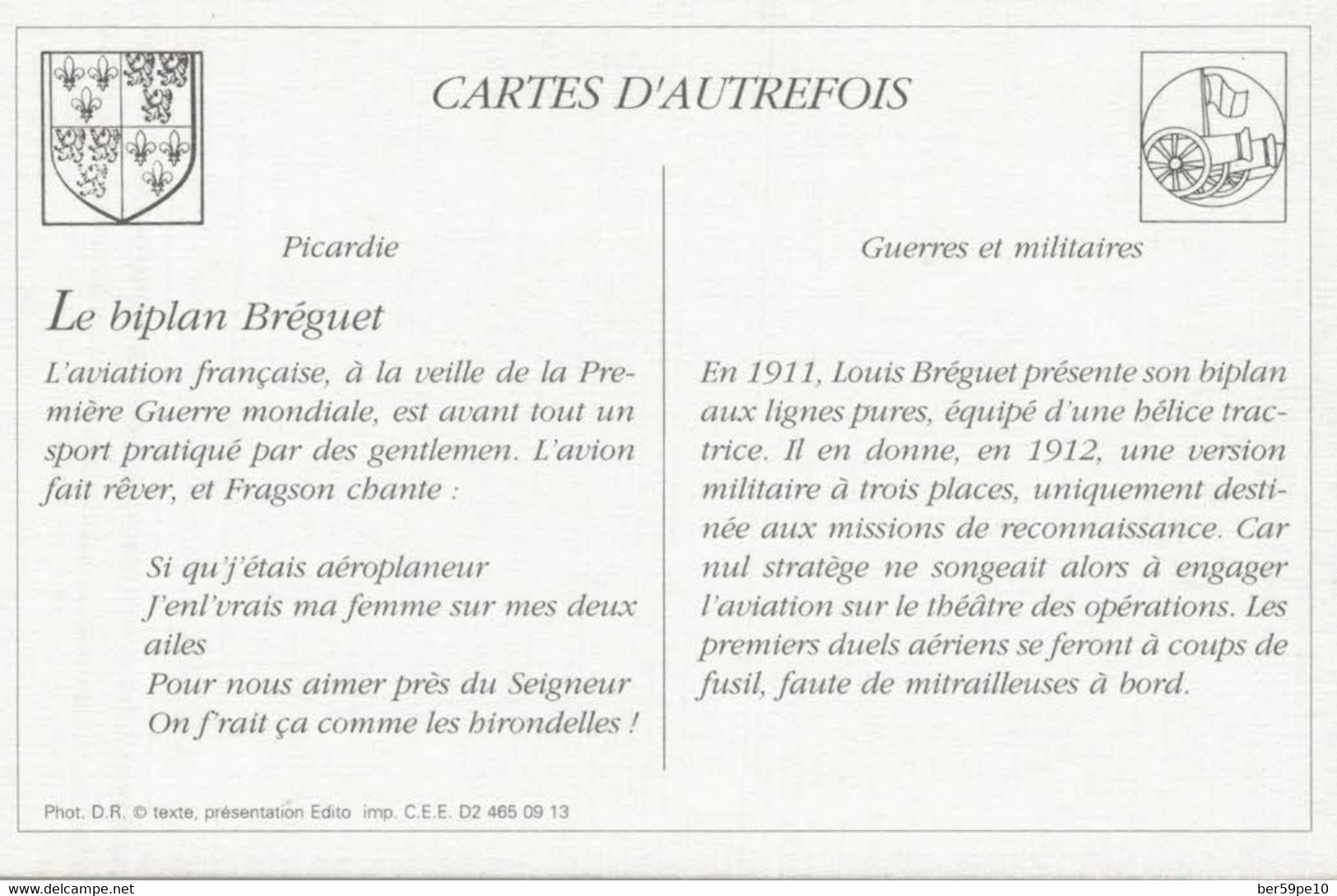 CARTES D'AUTREFOIS GUERRES ET MILITAIRES PICARDIE BIPLAN BREQUET - Picardie