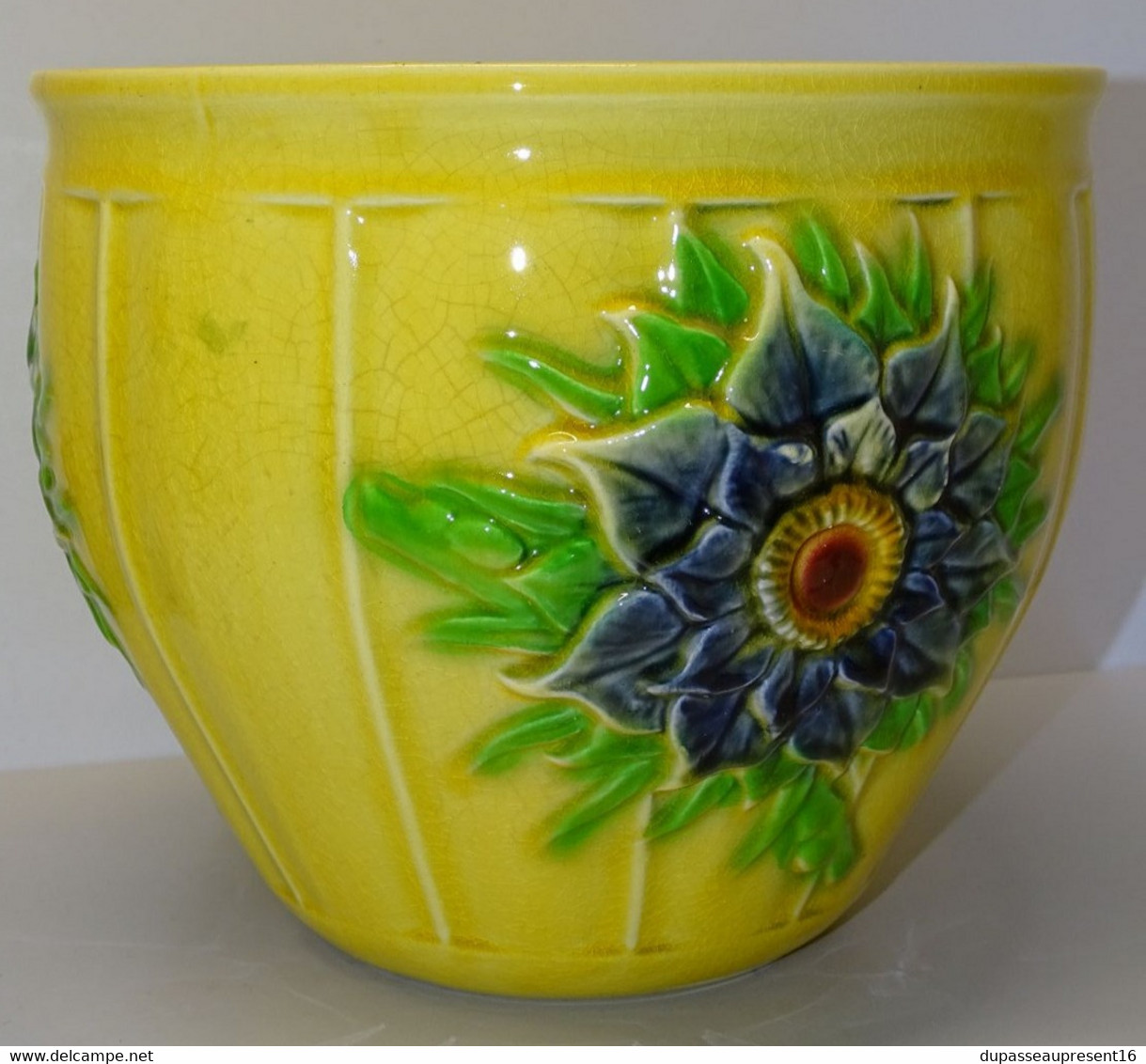 ANCIEN CACHE POT CERAMIQUE SARREGUEMINES ESDEVE N° 5309 JAUNE fleurs BLEUES & VERTES COLLECTION DECO VITRINE