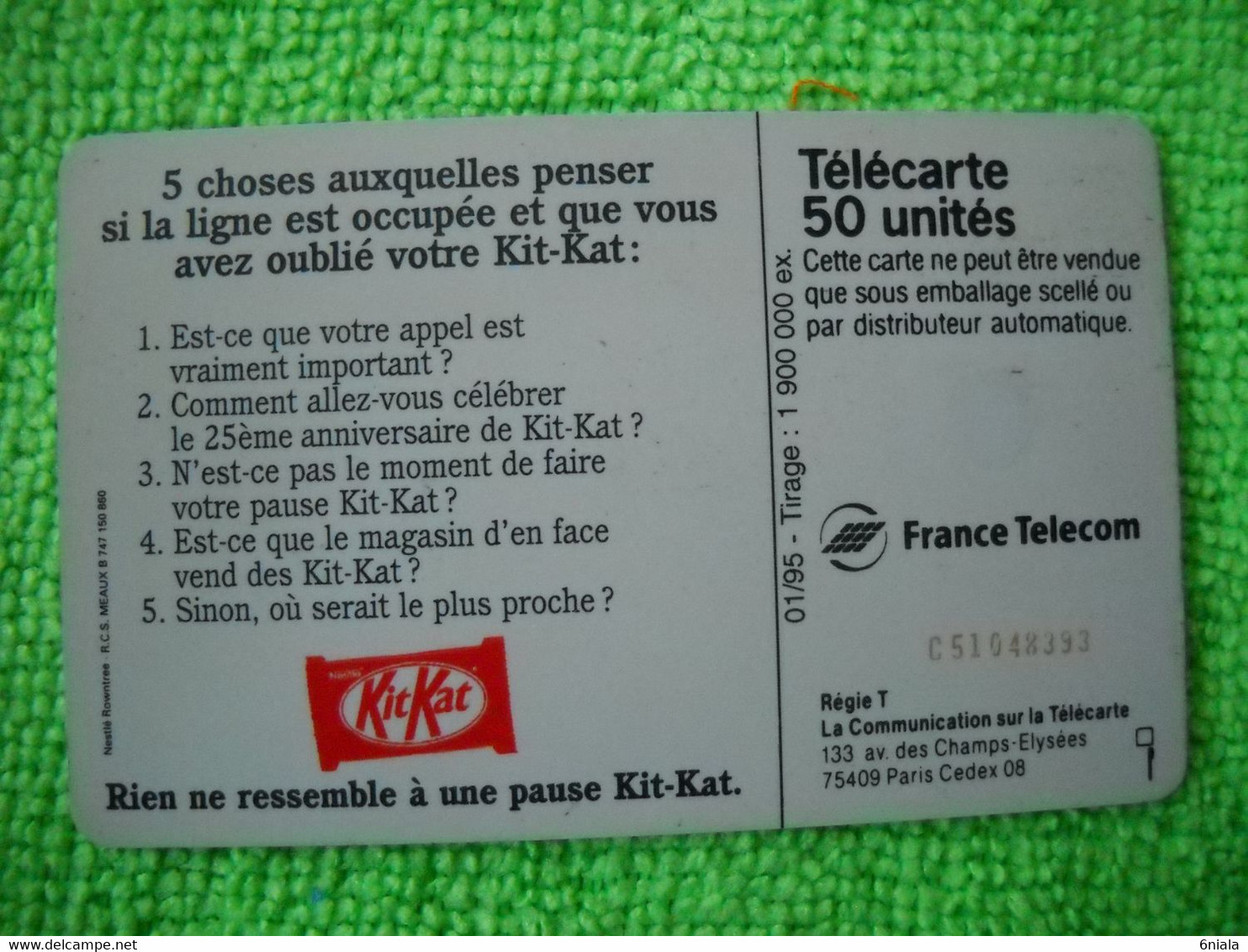 7094 Télécarte Collection KIT KAT NESTLE  25 Ans Sans Pause     50u  ( Recto Verso)  Carte Téléphonique - Alimentación