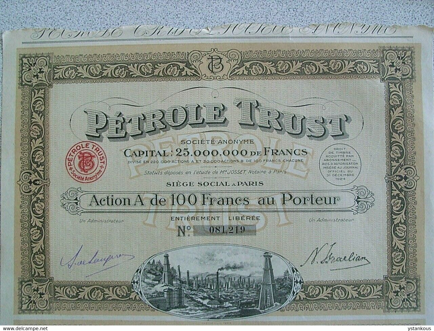 Actions Françaises: Action A De 100 Francs Au Porteur De La Société PETROL TRUST. - Petrolio