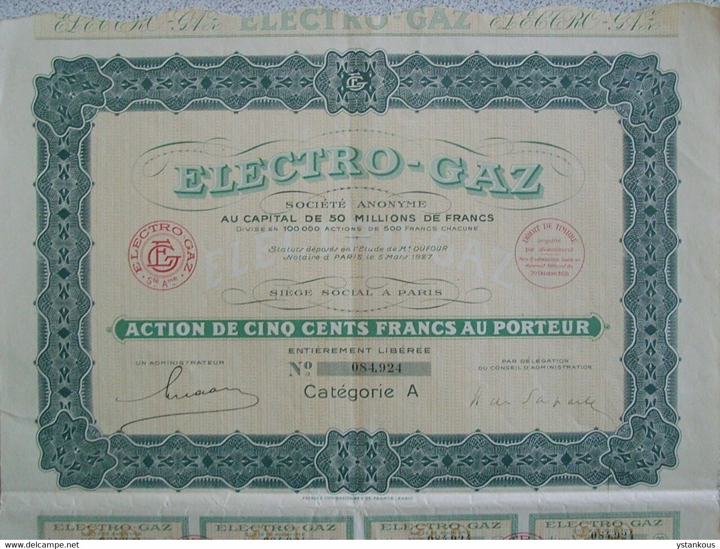 Action Française De 500 Francs Au Porteur De La Société ELECTRO-GAZ De 1920. - Electricité & Gaz